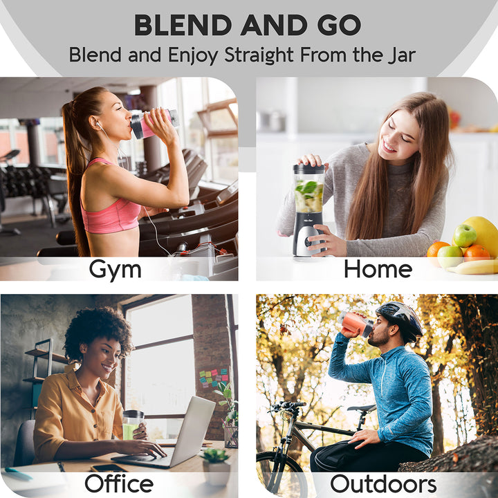 Collage of people using a product in various settings with text 'Blend and Enjoy Straight From the Jar'.