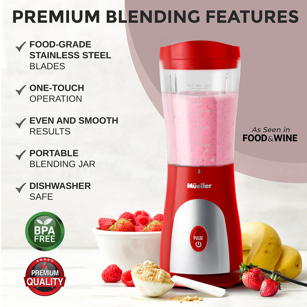 Red blender with smoothie ingredients on a white background, featuring text on premium blending features.