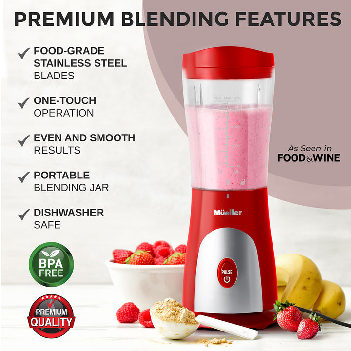 Red blender with smoothie ingredients on a white background, featuring text on premium blending features.