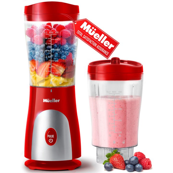 Red and clear portable blender with ingredients and a smoothie, featuring the Mueller brand.