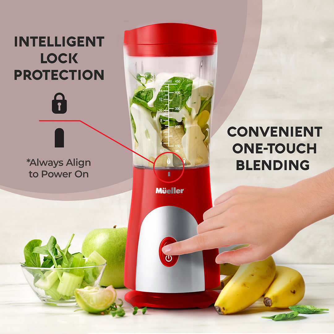 Red blender with ingredients and text about intelligent lock protection and one-touch blending.