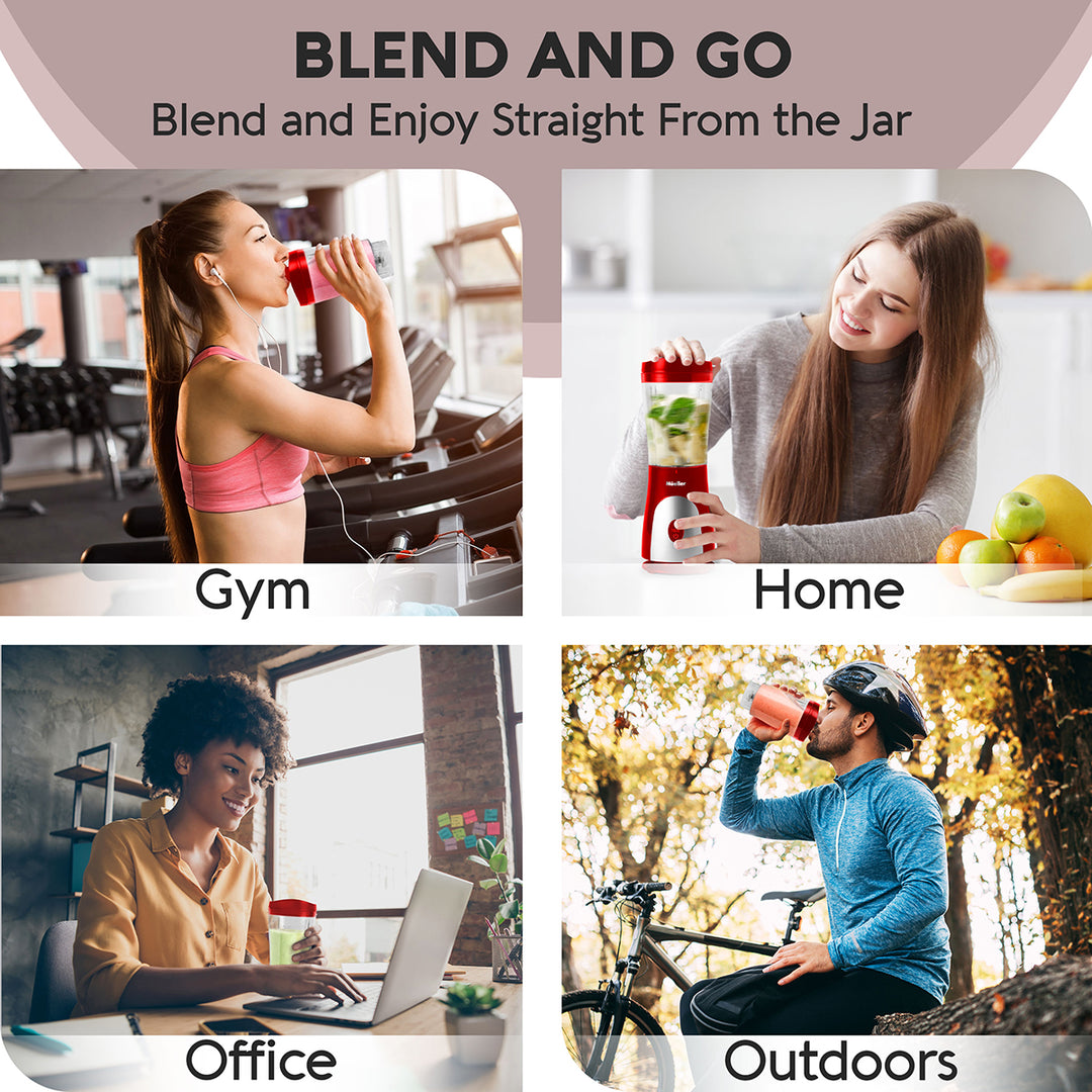 Collage of people using a product in various settings with text 'Blend and Enjoy Straight From the Jar'.
