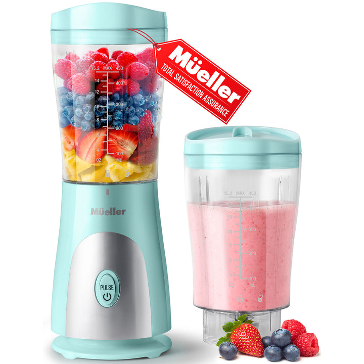 Turquoise portable blender with fruits, empty container, and 'Méuller' branding on a white background.