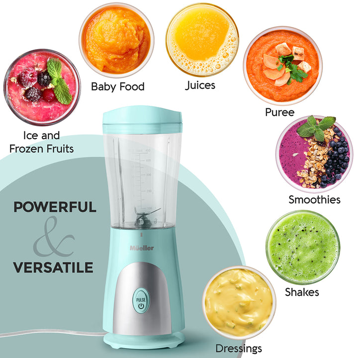 Blender with images of various food items it can prepare on a white background