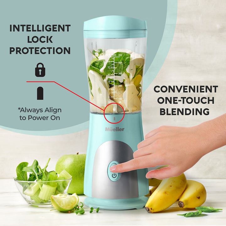 Portable blender with green lock symbol and text on a light gray background