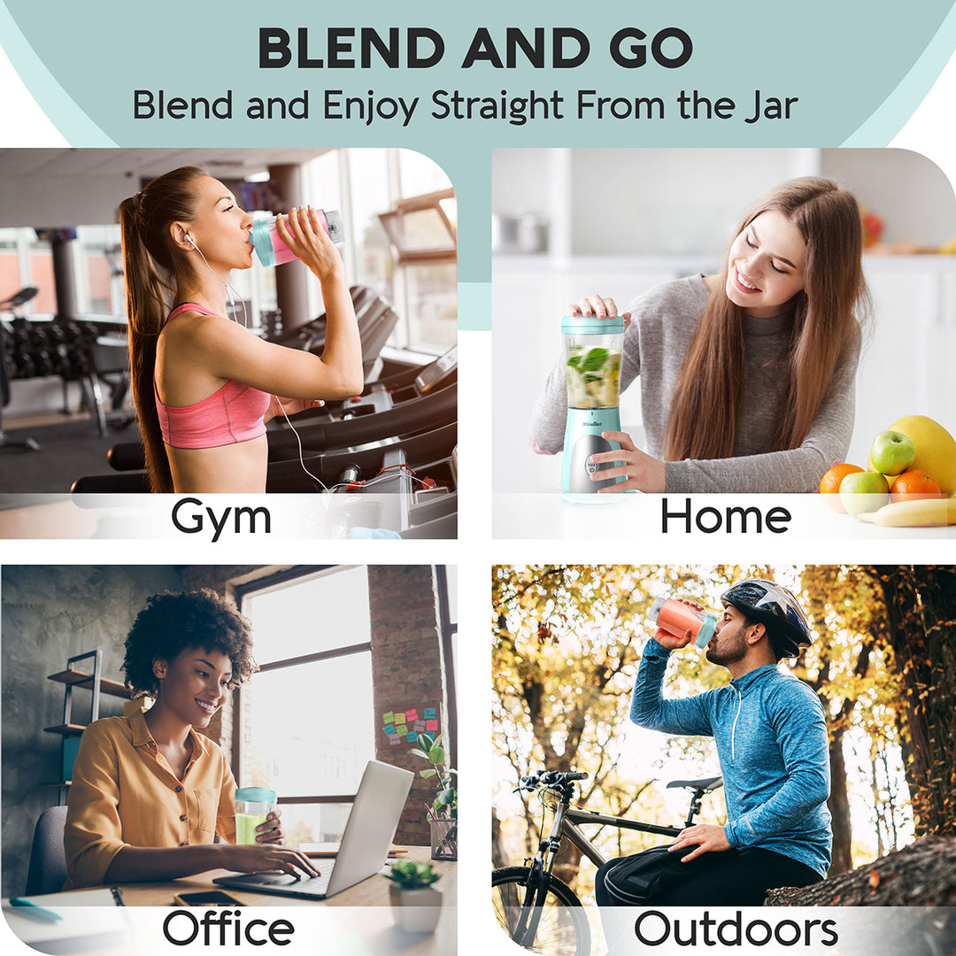 Collage of people using a product in various settings with text 'Blend and Enjoy Straight From the Jar'.
