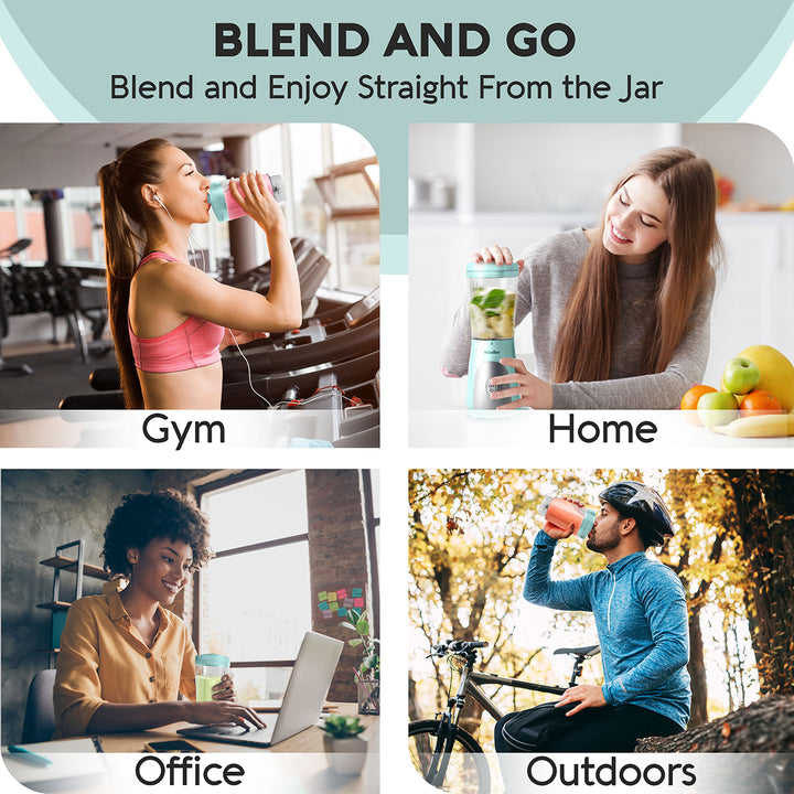 Collage of people using a product in various settings with text 'Blend and Enjoy Straight From the Jar'.