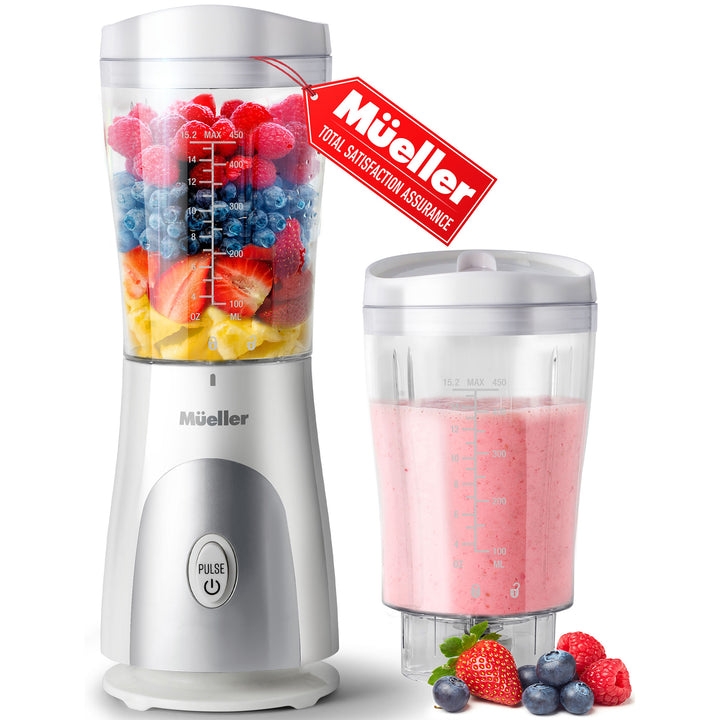 Méuller blender with fruits and a smoothie, featuring the brand logo.