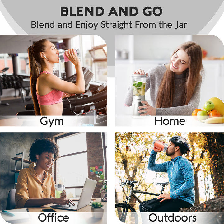 Collage of people using a product in various settings with text 'Blend and Enjoy Straight From the Jar'.