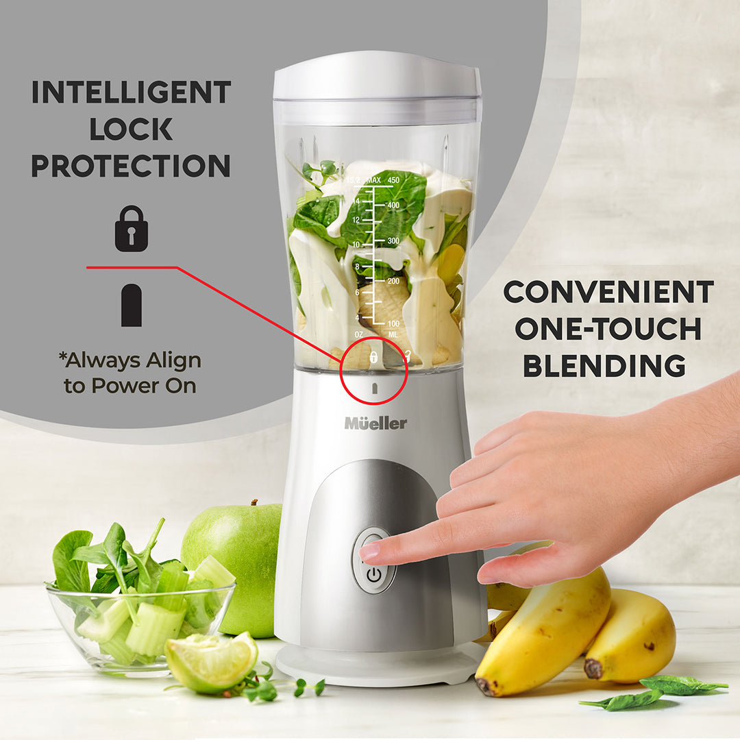 Mueller Personal Blender white with ingredients on a table, highlighting intelligent lock protection and one-touch blending features.