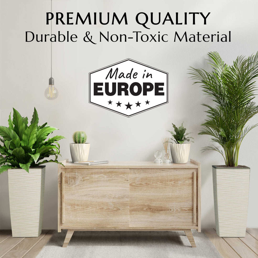Wooden cabinet with plants on a light background, featuring 'Made in Europe' certification.