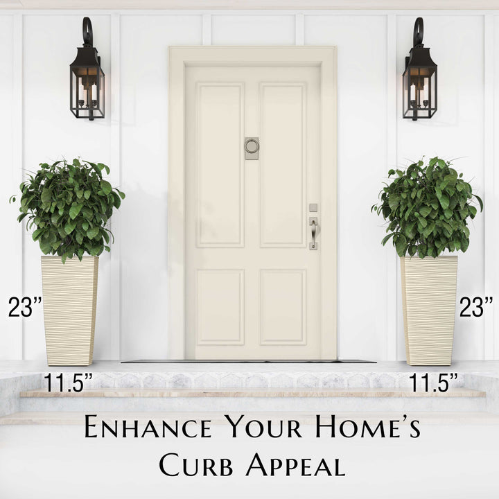 Front door with two potted plants on either side, labeled for height and width.