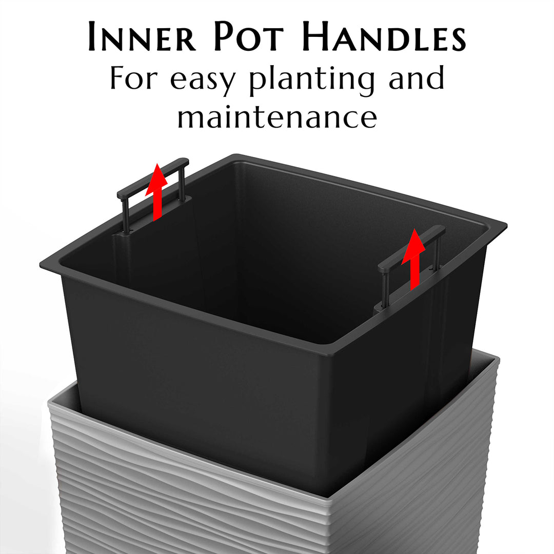 Black inner pot with handles for easy planting and maintenance on a white background