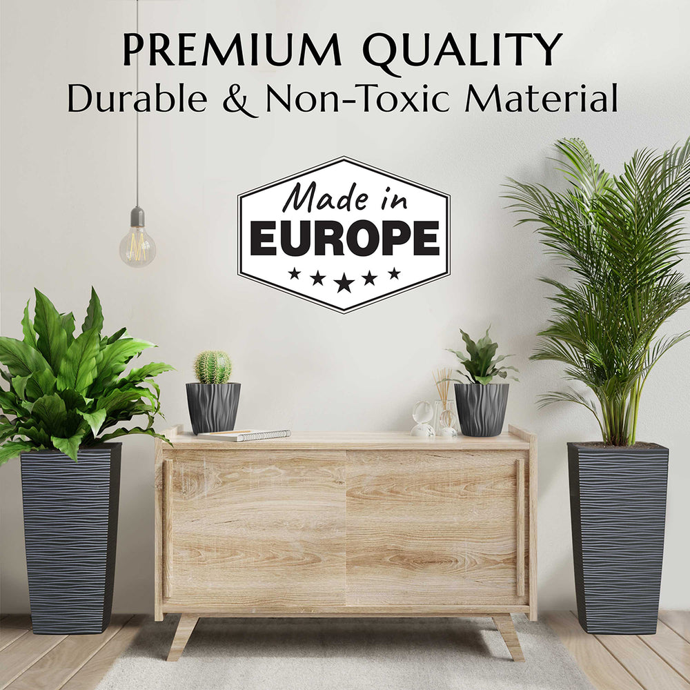Wooden cabinet with potted plants in a room showcasing the Muller planters featuring 'Made in Europe' certification.