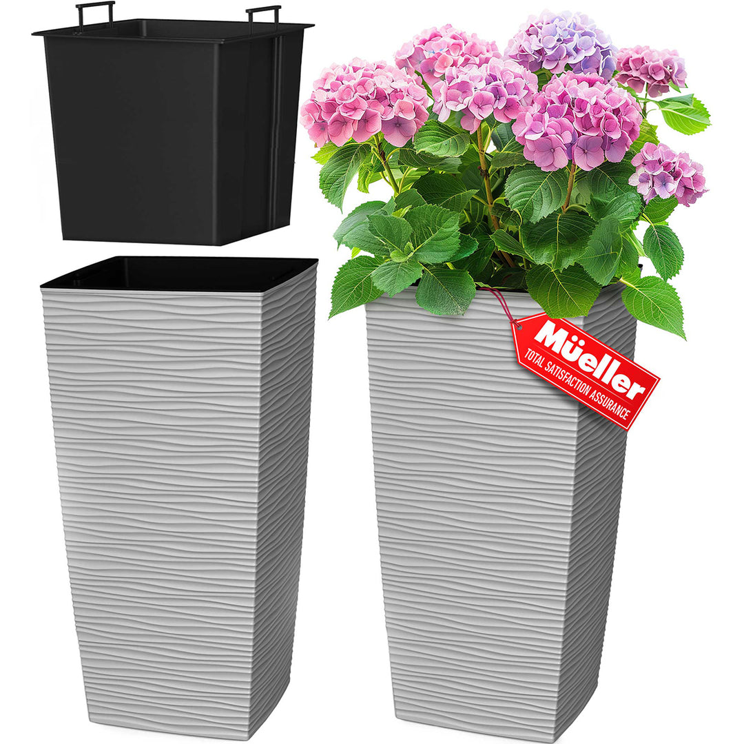 Two tall gray planters with a black top and a pink flower plant, featuring the brand 'Muller'.