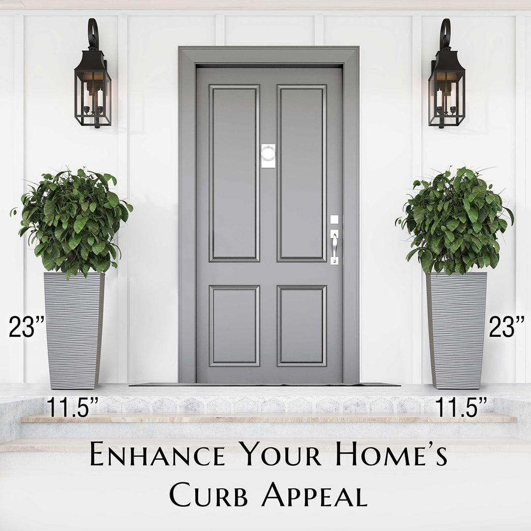 Gray front door with two potted plants on either side, labeled for height and width.