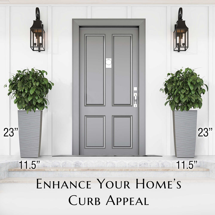 Gray front door with two potted plants on either side, labeled for height and width.
