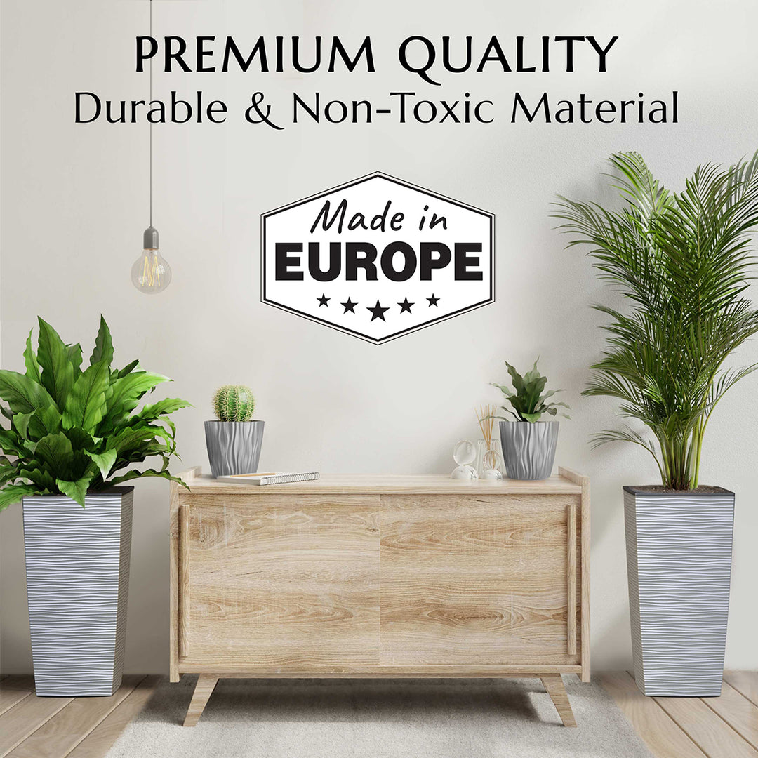 Wooden cabinet with potted plants in a room, featuring 'Made in Europe' certification.
