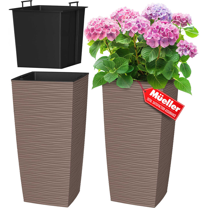 Two tall rectangular mocca planters with flowers and a black square planter on a white background.