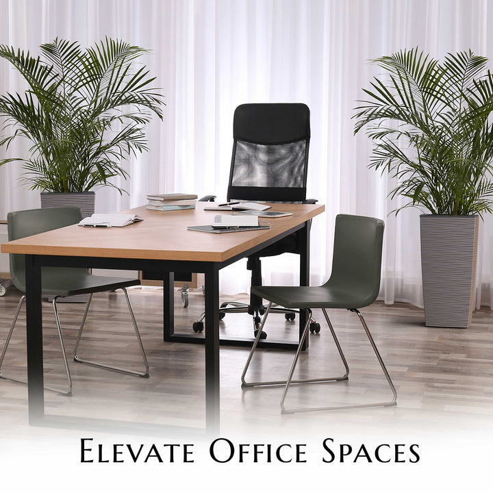 Modern office setup with a wooden table, black chairs, and potted plants.
