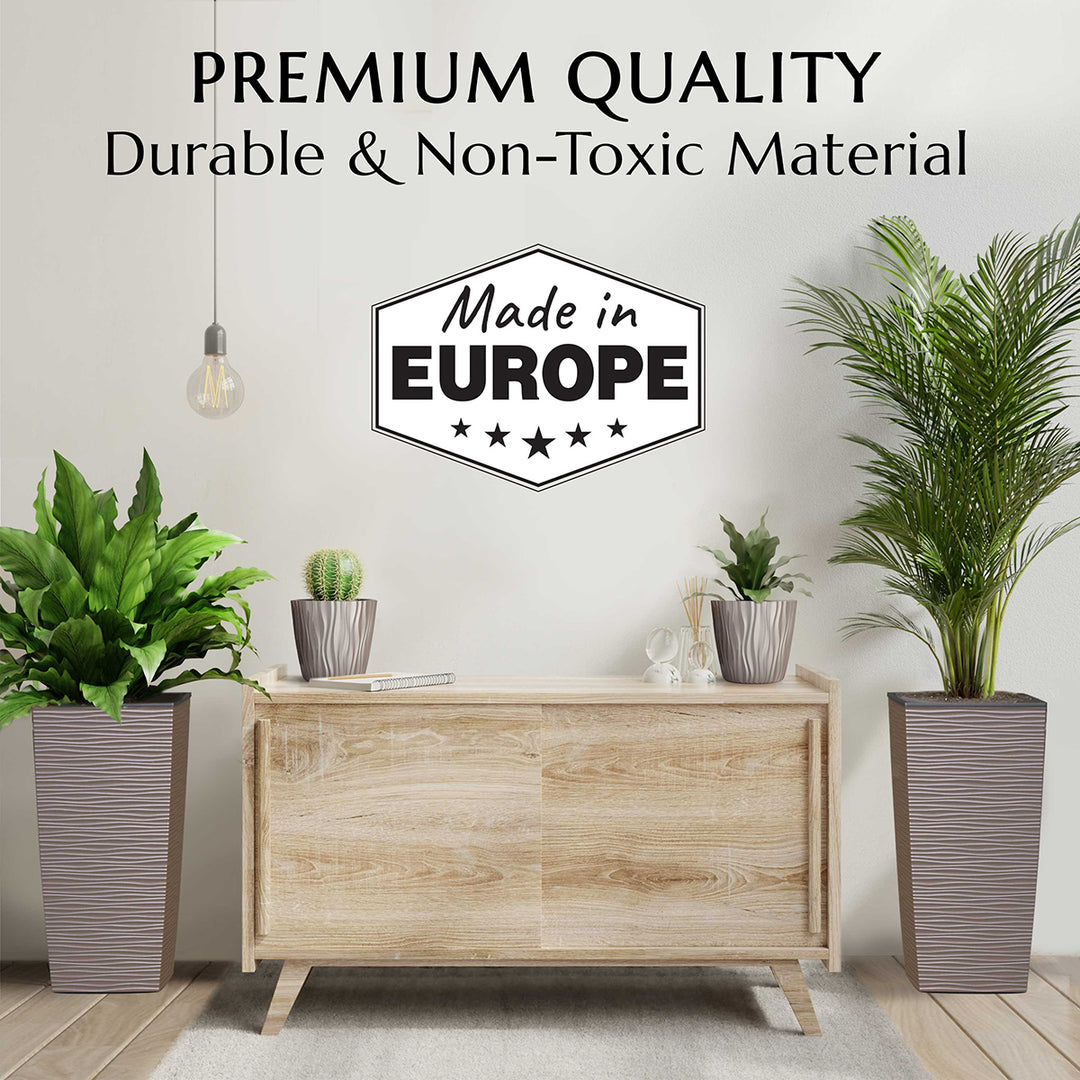 Wooden cabinet with potted plants in a room setting, featuring 'Made in Europe' certification.