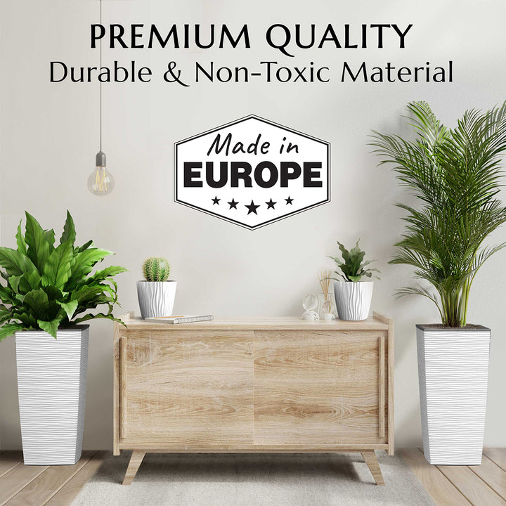 Wooden cabinet with plants in a room, featuring 'Made in Europe' certification.