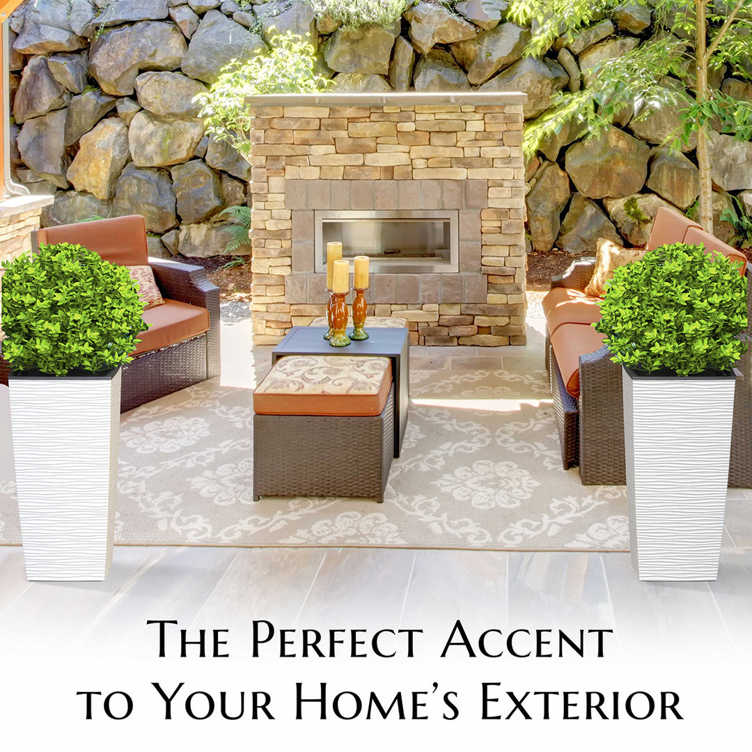 Outdoor patio with stone fireplace, chairs, and potted plants with text 'The Perfect Accent to Your Home's Exterior'.