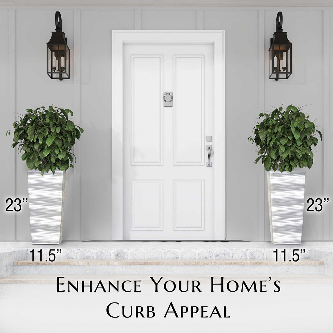 White front door with two potted plants on either side, labeled with dimensions and text 'Enhance Your Home's Curb Appeal'.