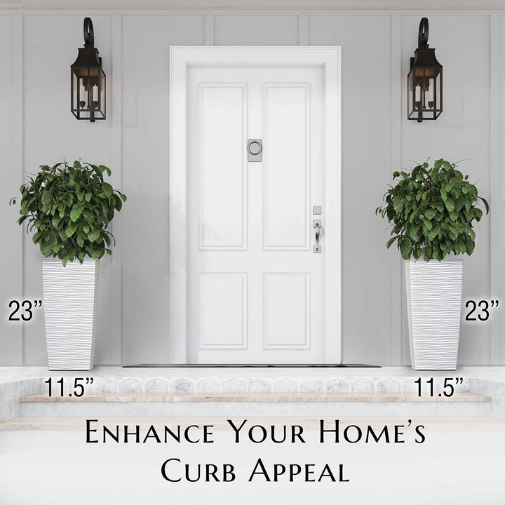 White front door with two potted plants on either side, labeled with dimensions and text 'Enhance Your Home's Curb Appeal'.
