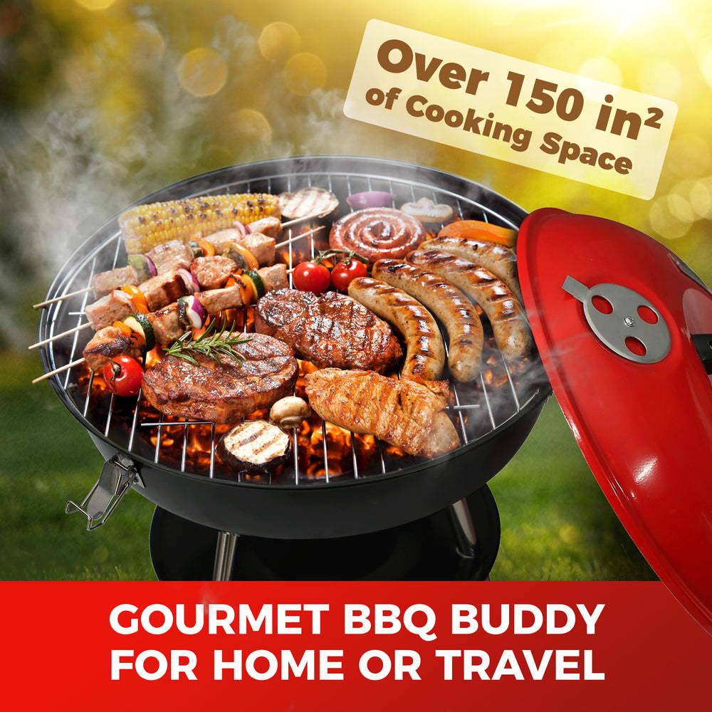 Mueller Portable 14 Inch Charcoal Grill with food on a blurred outdoor background, featuring text about cooking space and suitability for home or travel.