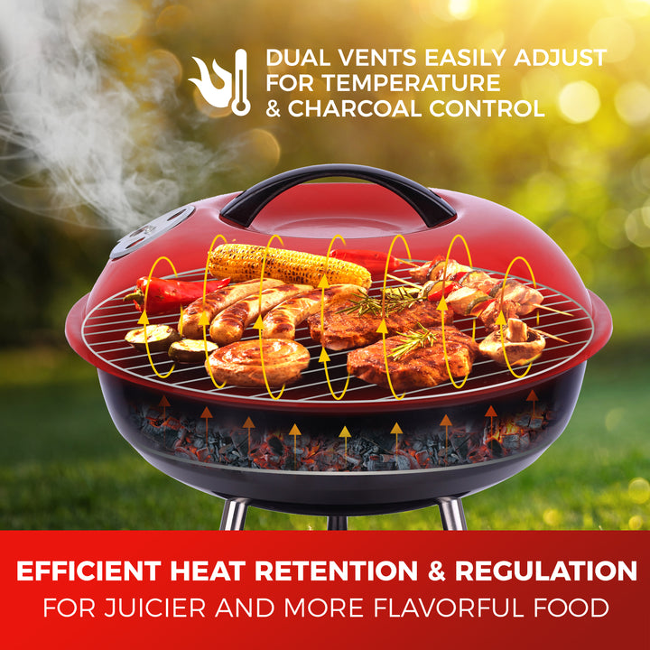 Barbecue grill with food on a grassy background, highlighting dual vents and heat retention features.