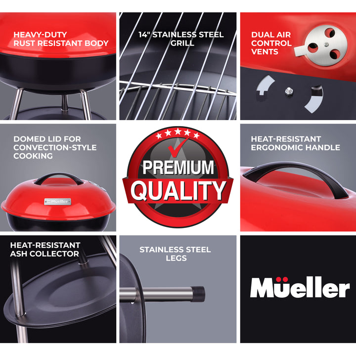 Grid of features and specifications of a Mueller BBQ grill with close-up shots and text labels.
