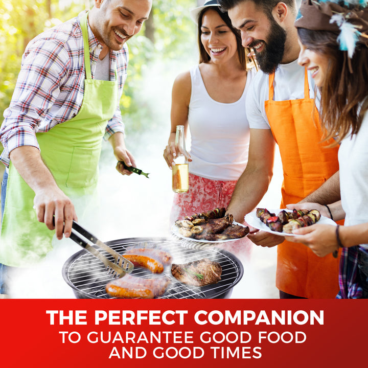 Group of people grilling outdoors  on Mueller Portable 14 Inch Charcoal Grill with a focus on camaraderie and enjoyment.