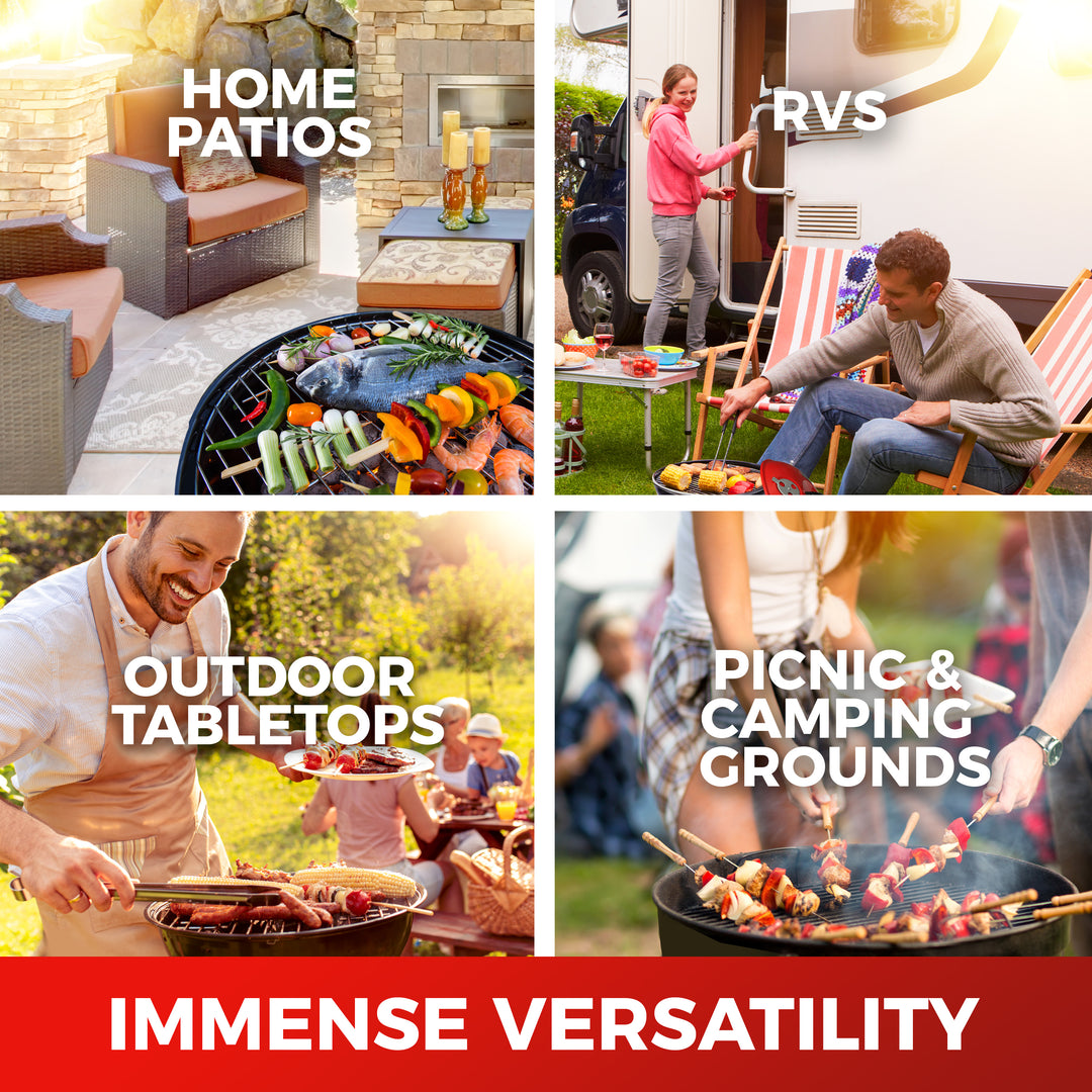 Collage of outdoor activities including home patios, RVs, outdoor table tops, and picnic camping grounds with text highlighting versatility.