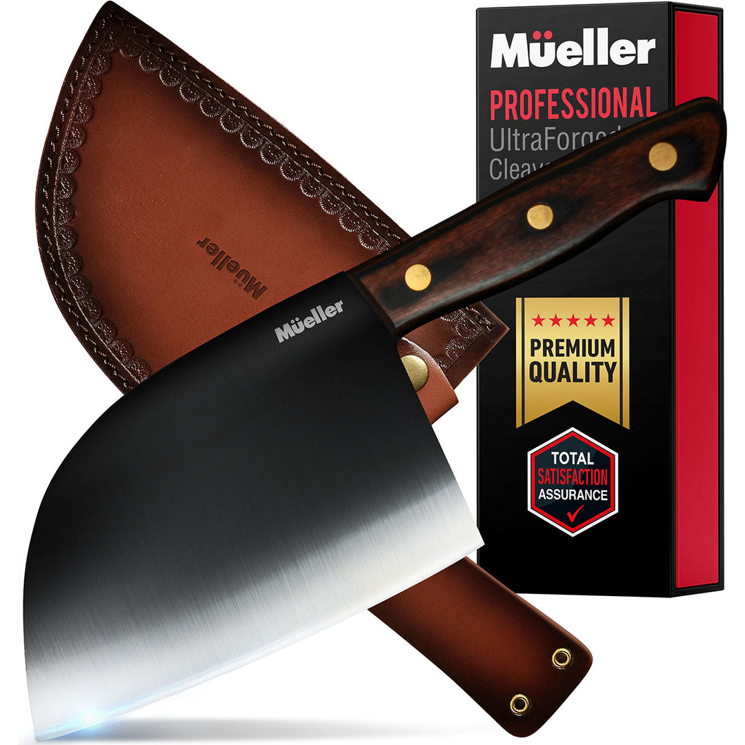 Mueller Professional Butcher Knife with leather sheath and brand packaging