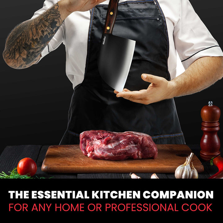 Person holding a knife over a piece of meat on a wooden cutting board with text about an essential kitchen companion.