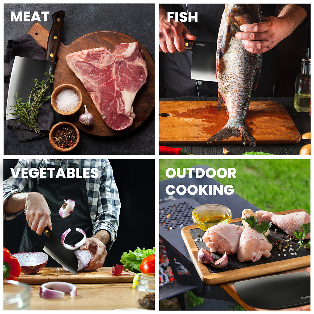Collage of images showing meat, fish, vegetables, and outdoor cooking.