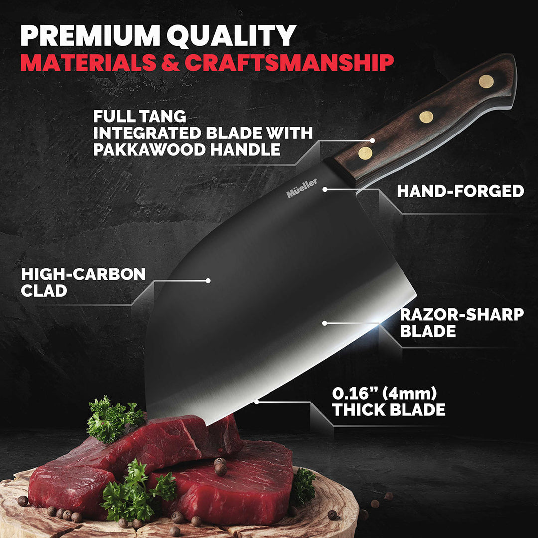 Mueller Professional Butcher Knife with labeled features on a dark background, showcasing premium quality materials and craftsmanship.