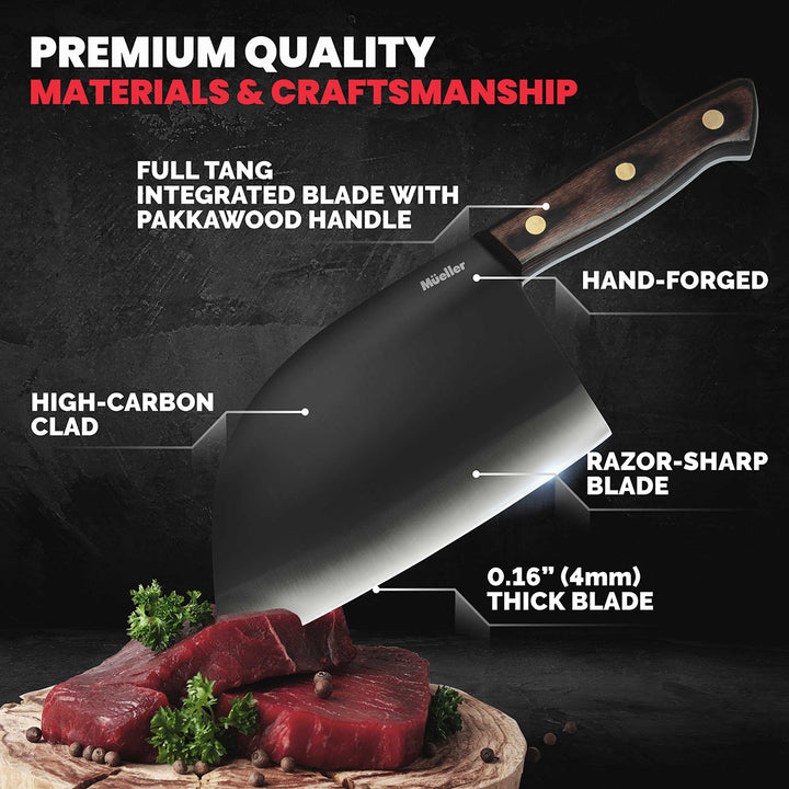 Mueller Professional Butcher Knife with labeled features on a dark background, showcasing premium quality materials and craftsmanship.