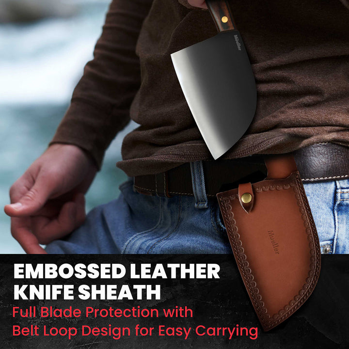 Person holding a knife with an embossed leather sheath by a body of water