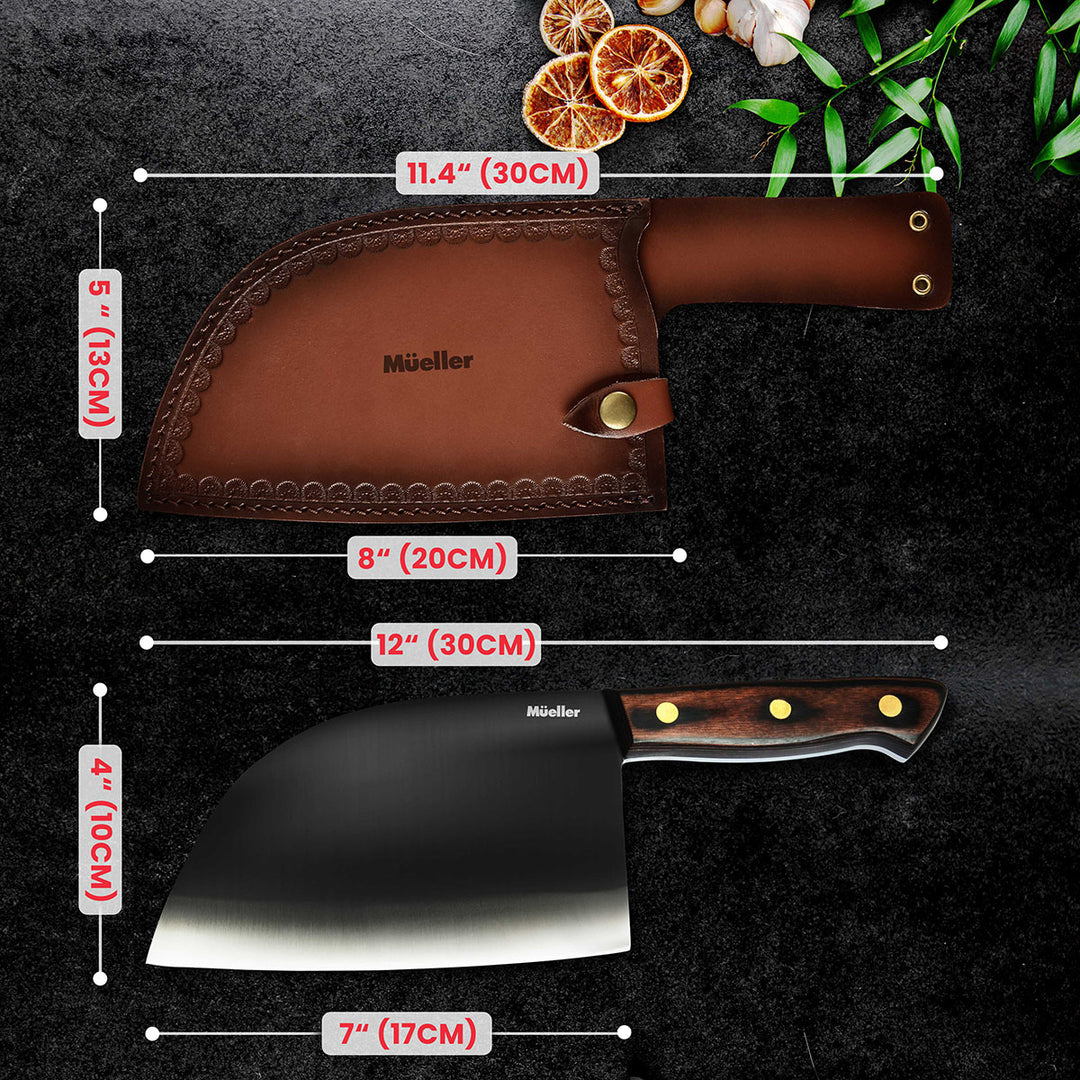 Two cleavers with measurements and brand name 'Mueller' on a dark background.
