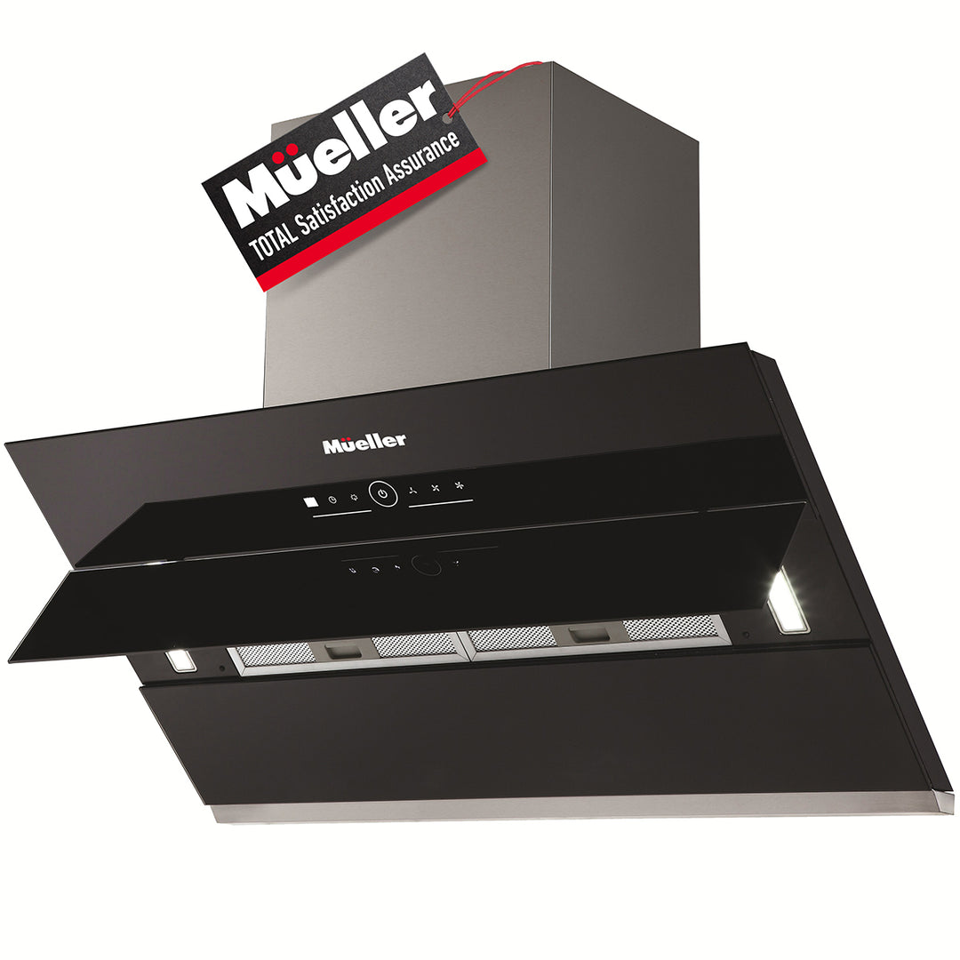 Black kitchen hood with Mueller branding on a white background