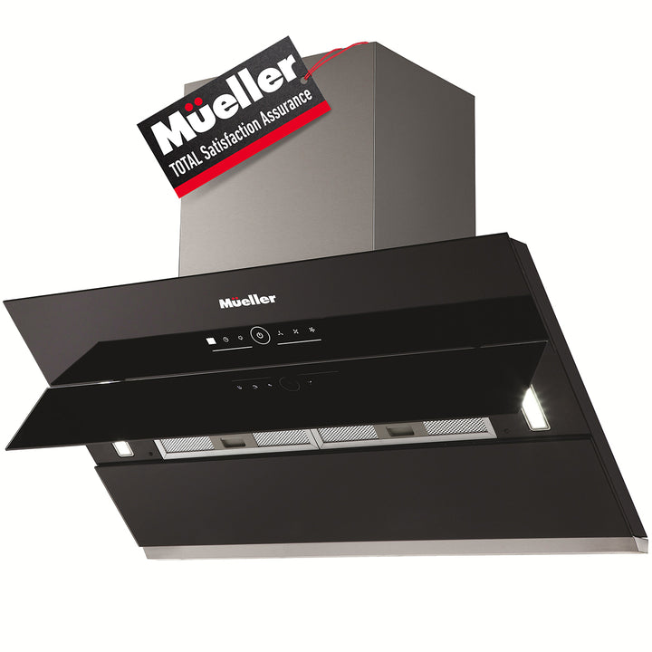 Black kitchen hood with Mueller branding on a white background