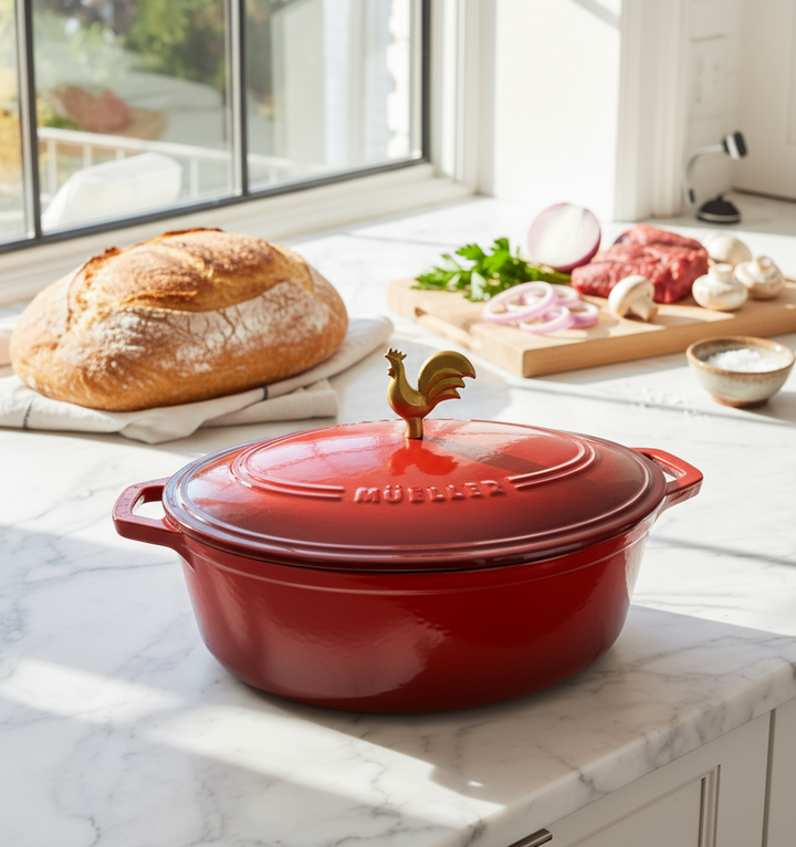 Mueller Red Dutch Oven in oval shape with a rooster knob on a kitchen countertop with bread.