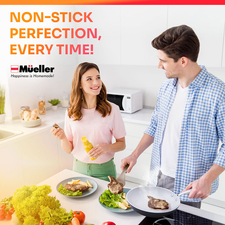 Couple in a kitchen with plates of food and a pan, promoting Mueller non-stick cookware.