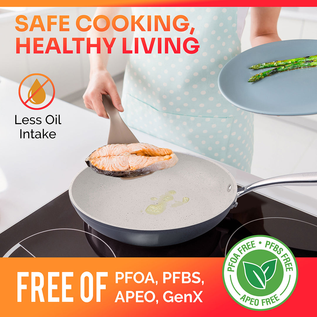 Person cooking salmon on a Mueller Stone Frying pan non stick material explanation with text about safe cooking and healthy living.