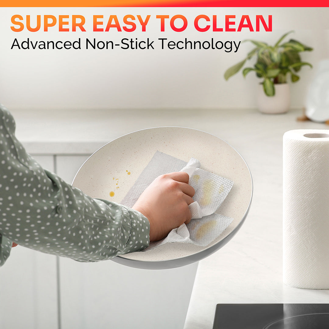 Person cleaning a Mueller Stone Frying pan non stick with text about advanced non-stick technology