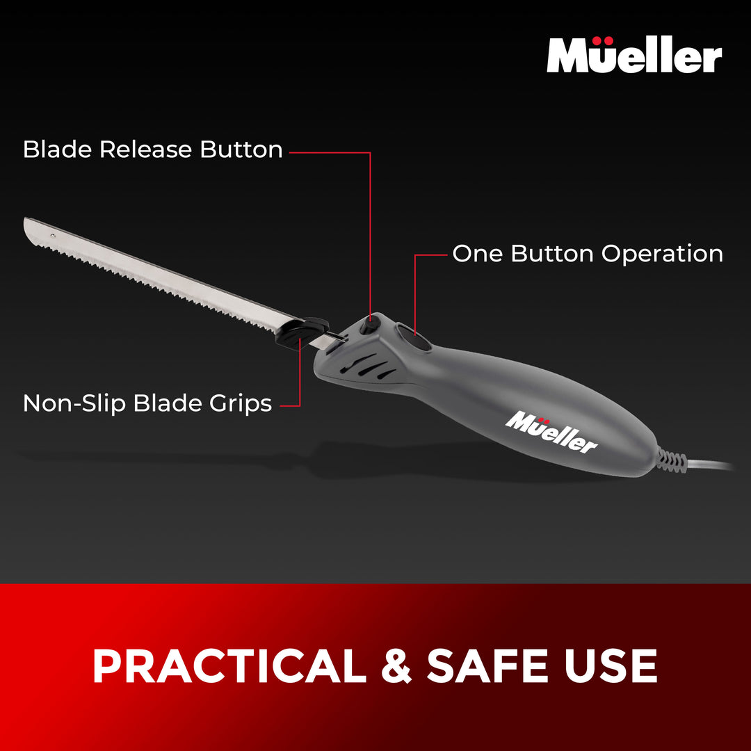 Mueller Ultra Carver electric knife black with features labeled on a black background.