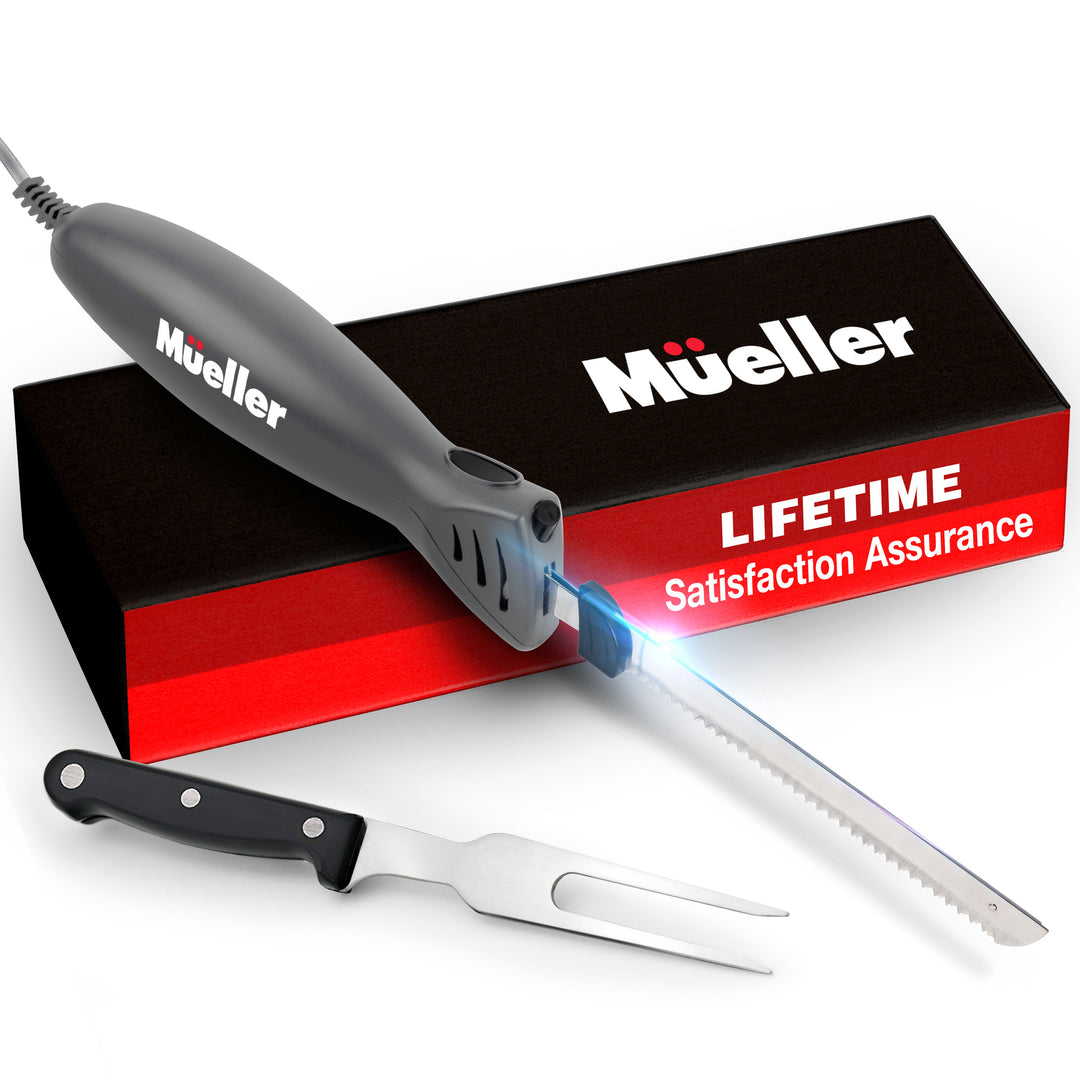 Mueller Ultra Carver electric knife gray with a knife and fork on a white background