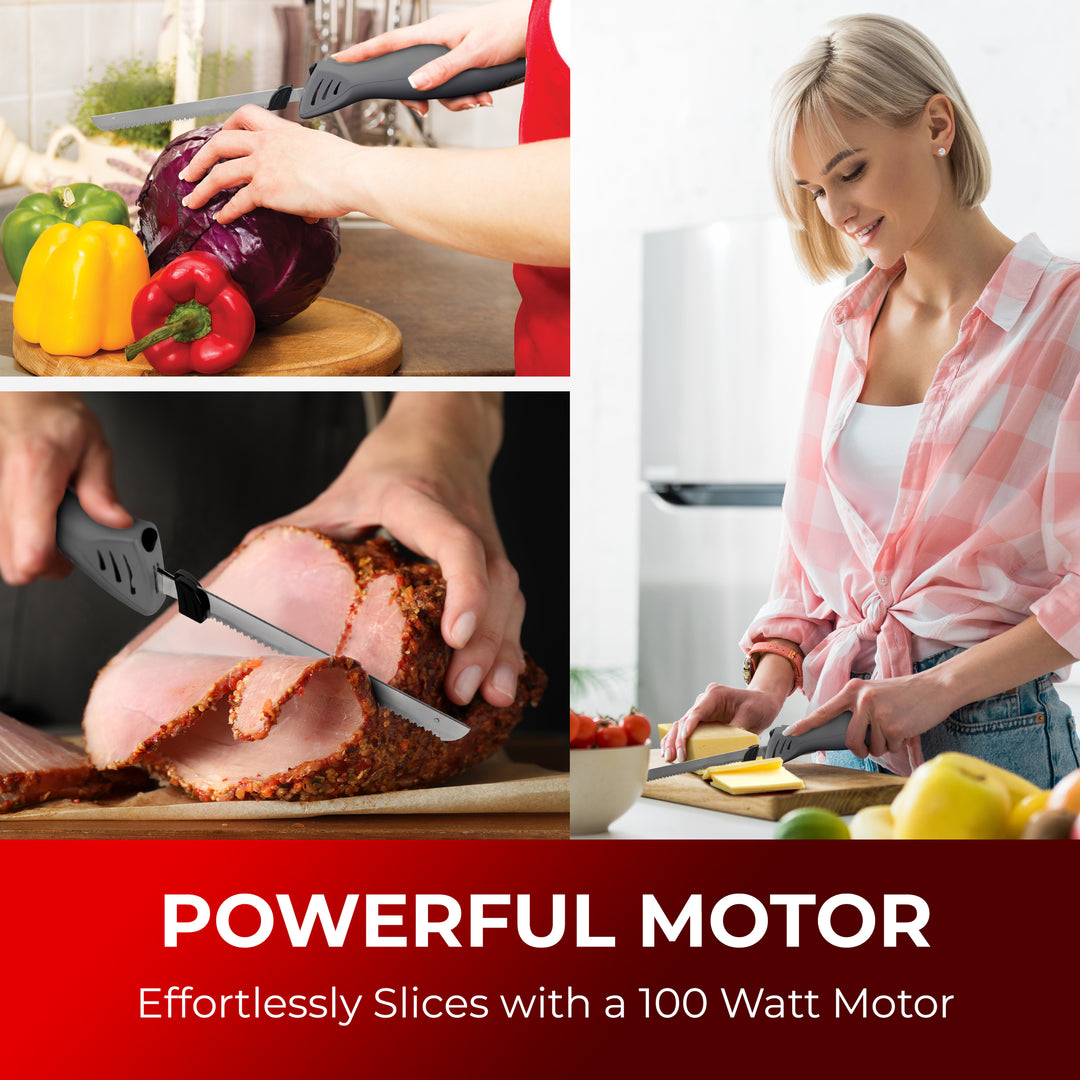 Collage of a person slicing vegetables, a woman slicing ham, and a person using a knife with a powerful motor on a red background.